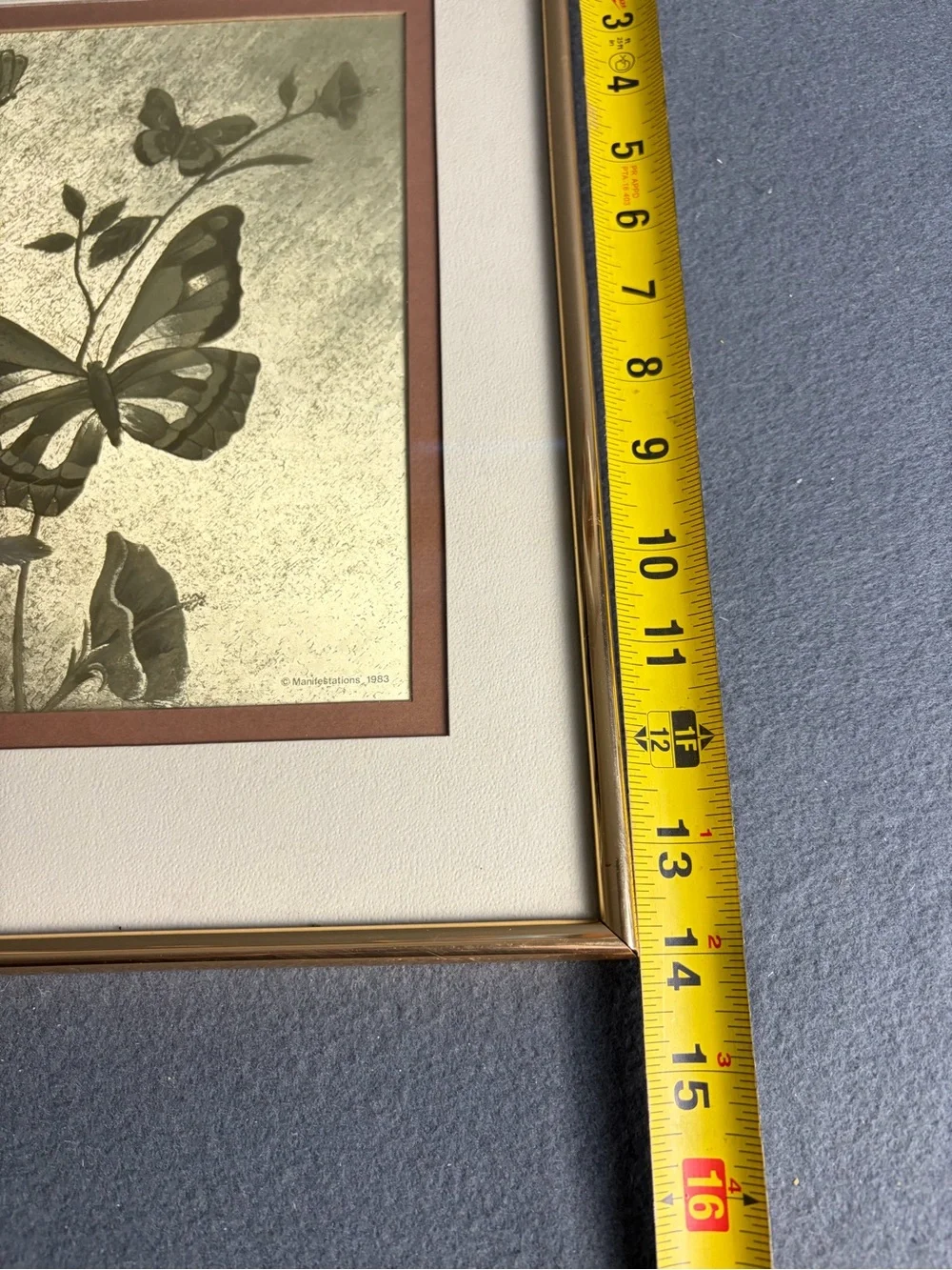 Vintage 1983 Manifestations Gold Butterfly Framed Wall Art Optical Illusionary